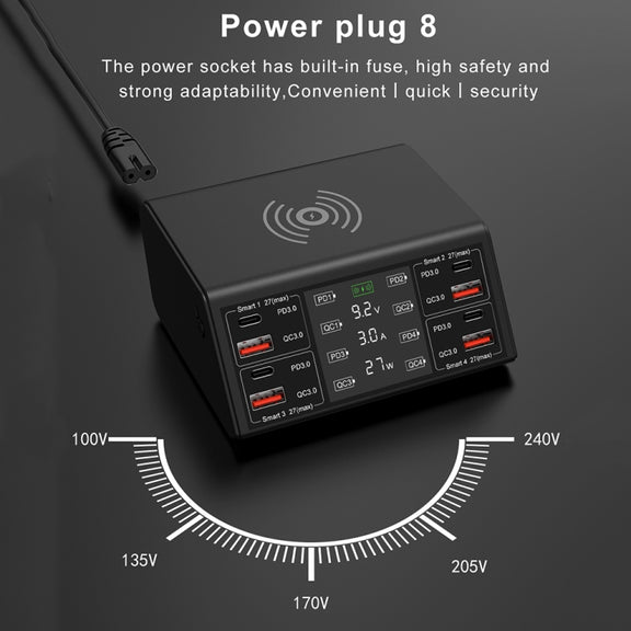 838w 9 in 1 100W 4 PD 3.0 USB-C / Type-C + 4 QC 3.0 USB Ports Smart Digital Display Wireless Charger, EU Plug(White)