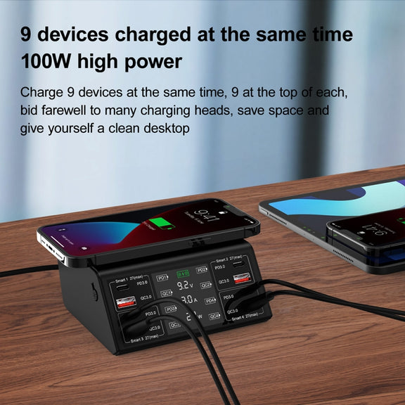 838w 9 in 1 100W 4 PD 3.0 USB-C / Type-C + 4 QC 3.0 USB Ports Smart Digital Display Wireless Charger, EU Plug(White)