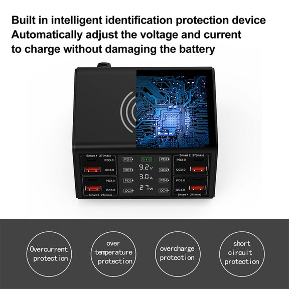 838w 9 in 1 100W 4 PD 3.0 USB-C / Type-C + 4 QC 3.0 USB Ports Smart Digital Display Wireless Charger, AU Plug(Black)