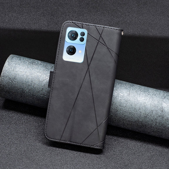 For OPPO Reno7 5G Global BF05 Magnetic Buckle Rhombus Texture Leather Phone Case(Black)