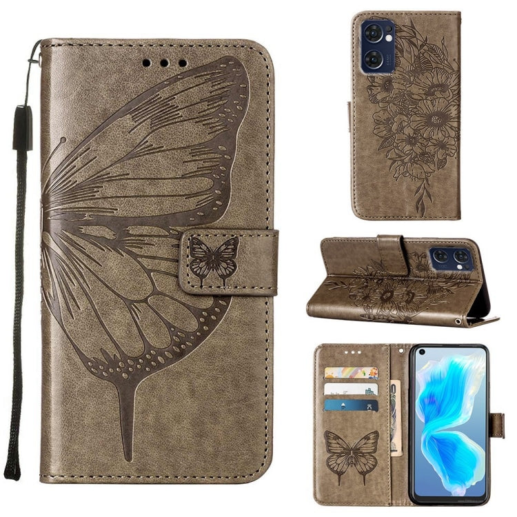 For OPPO Reno7 5G Global/Find X5 Lite Embossed Butterfly Leather Phone Case(Grey)