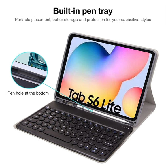 Round Cap Bluetooth Keyboard Leather Case with Pen Slot for Samsung Galaxy Tab S6 Lite, Specification:without Touchpad(Black+White Keyboard)