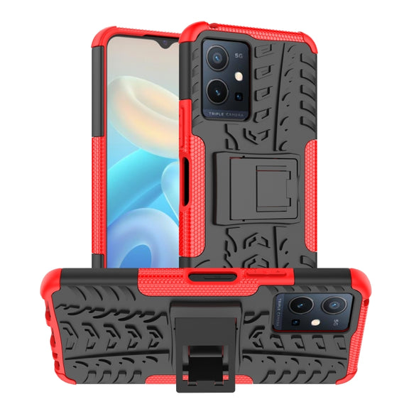 For vivo Y75 / Y55 / T1 5G Tire Texture TPU + PC Phone Case with Holder(Red)