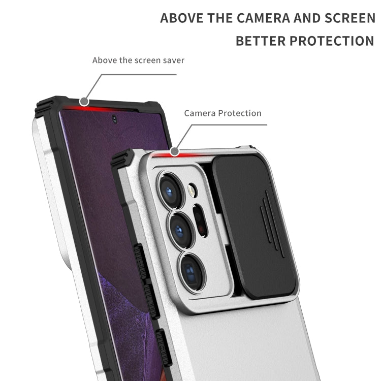 For Samsung Galaxy Note20 Ultra Stereoscopic Holder Sliding Camshield Phone Case(White)