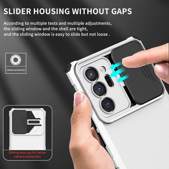 For Samsung Galaxy Note20 Ultra Stereoscopic Holder Sliding Camshield Phone Case(White)