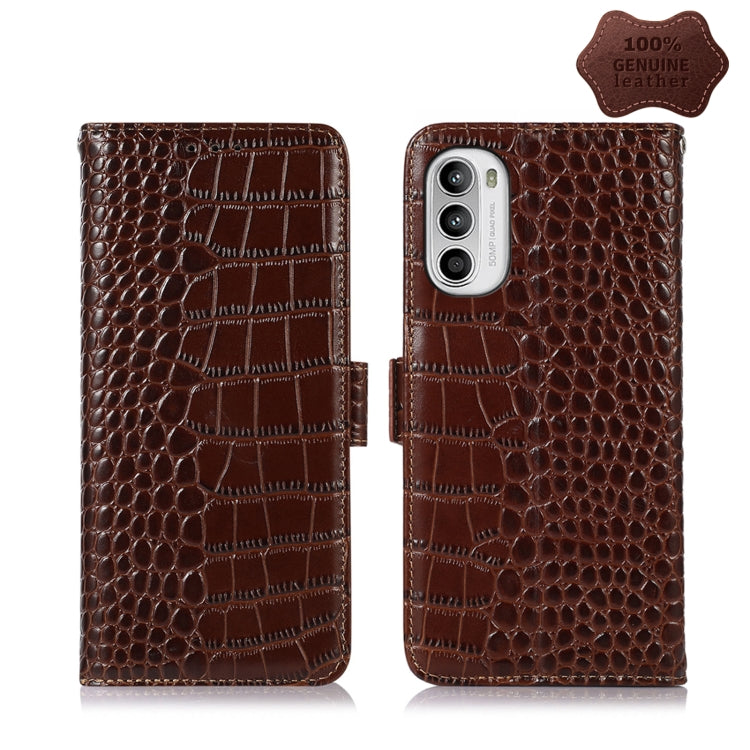 For Motorola Moto G52 4G Crocodile Top Layer Cowhide Leather Phone Case(Brown)