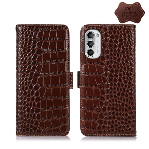 For Motorola Moto G52 4G Crocodile Top Layer Cowhide Leather Phone Case(Brown)