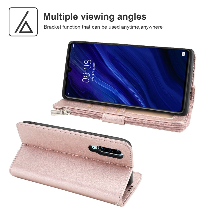 For Huawei P30 Microfiber Zipper Horizontal Flip Leather Case(Rose Gold)