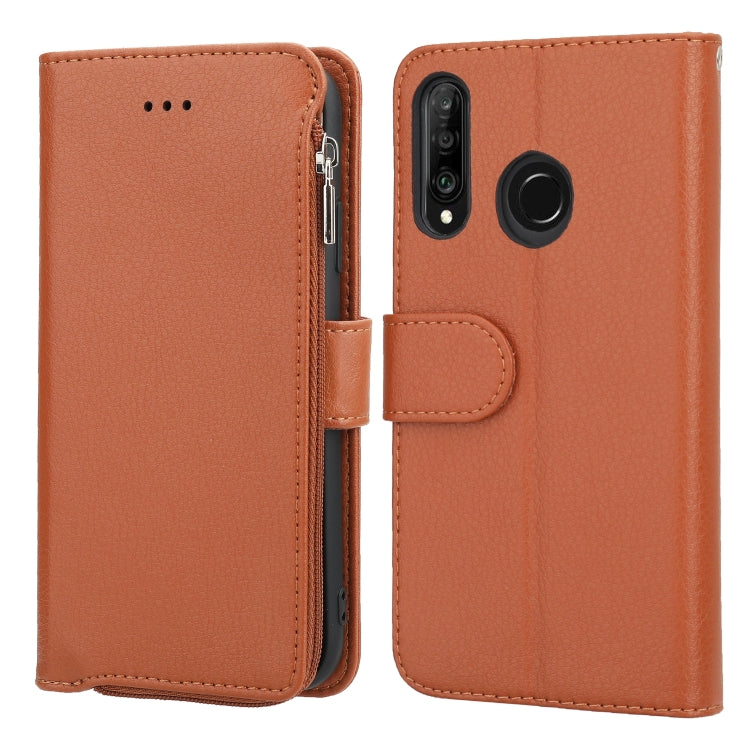 For Huawei P30 Lite Microfiber Zipper Horizontal Flip Leather Case(Brown)