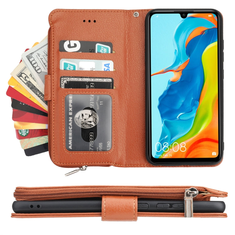 For Huawei P30 Lite Microfiber Zipper Horizontal Flip Leather Case(Brown)