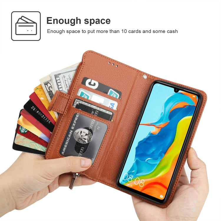 For Huawei P30 Lite Microfiber Zipper Horizontal Flip Leather Case(Brown)