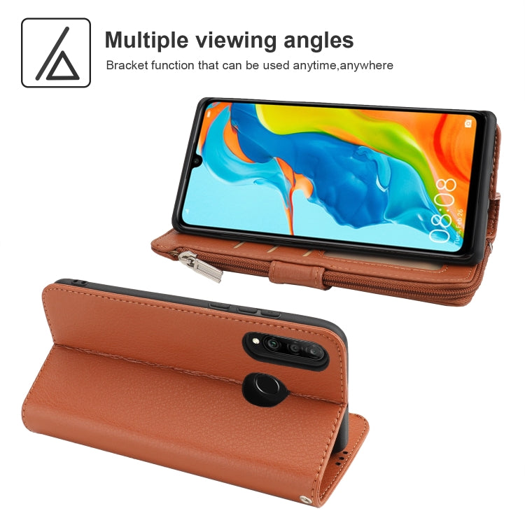 For Huawei P30 Lite Microfiber Zipper Horizontal Flip Leather Case(Brown)