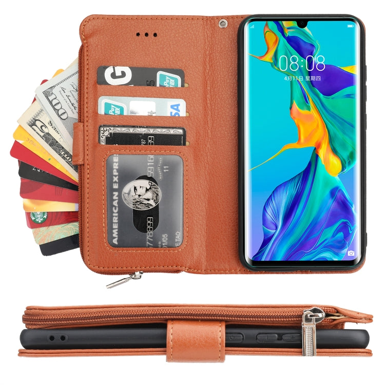 For Huawei P30 Pro Microfiber Zipper Horizontal Flip Leather Case(Brown)