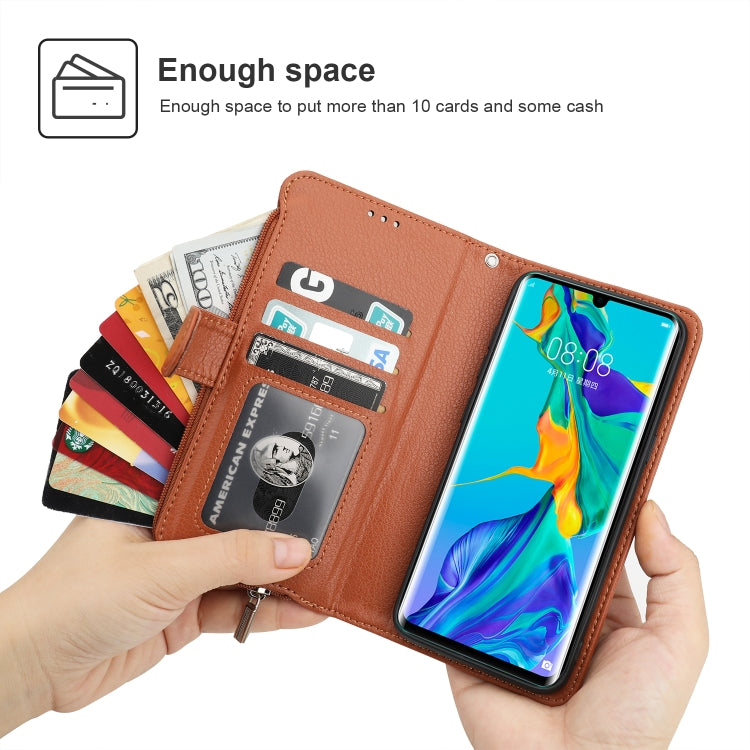 For Huawei P30 Pro Microfiber Zipper Horizontal Flip Leather Case(Brown)