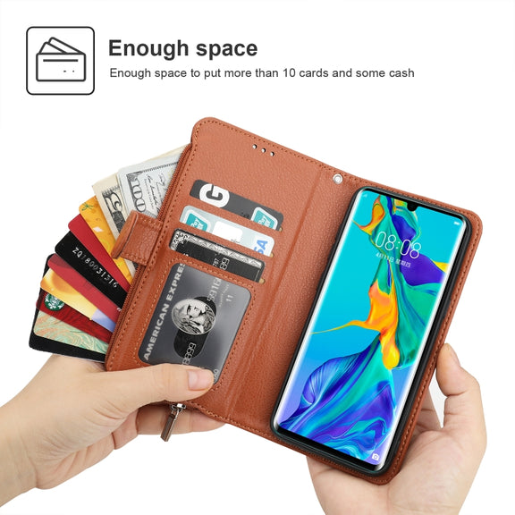For Huawei P30 Pro Microfiber Zipper Horizontal Flip Leather Case(Brown)