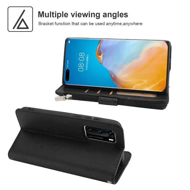 For Huawei P40 Microfiber Zipper Horizontal Flip Leather Case(Black)