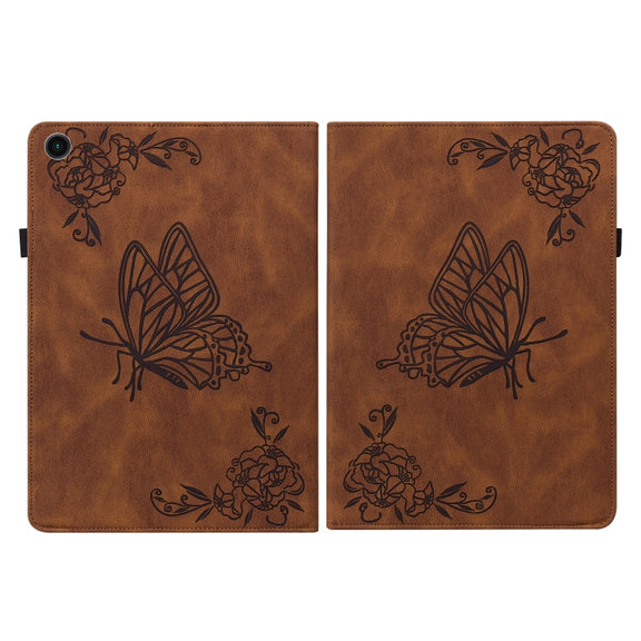 For Realme Pad Butterfly Flower Embossed Leather Tablet Case(Brown)