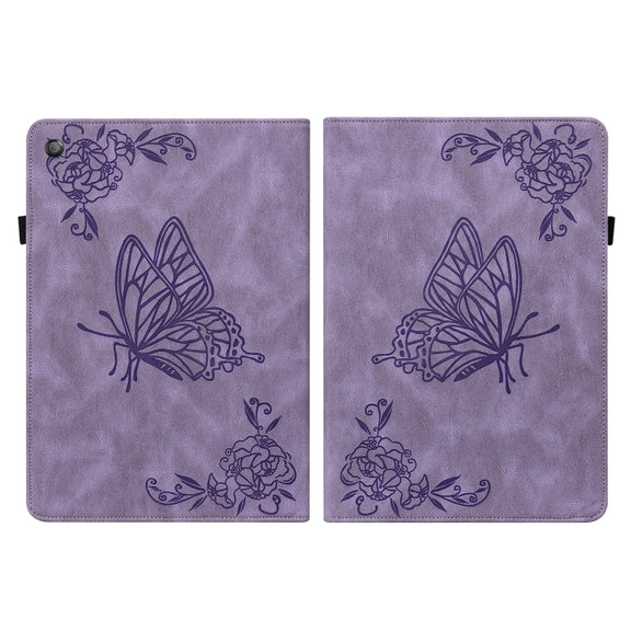 For Amazon Kindle Fire HD 10 2019 / 2017 Butterfly Flower Embossed Leather Tablet Case(Purple)