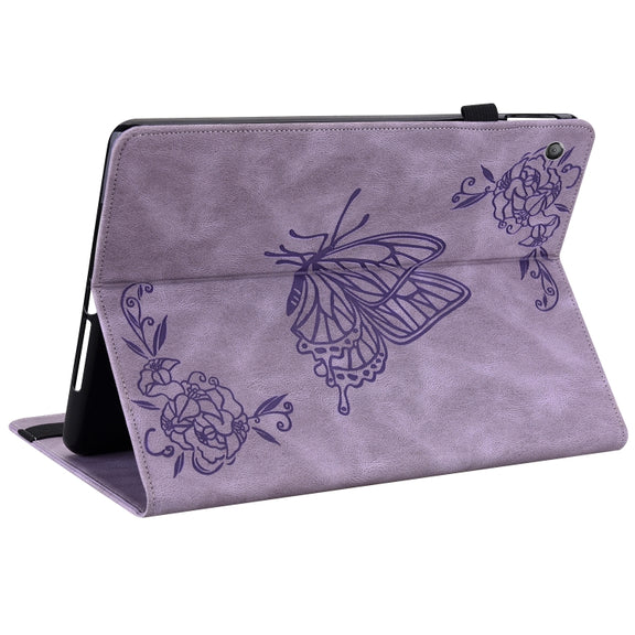 For Amazon Kindle Fire HD 10 2019 / 2017 Butterfly Flower Embossed Leather Tablet Case(Purple)