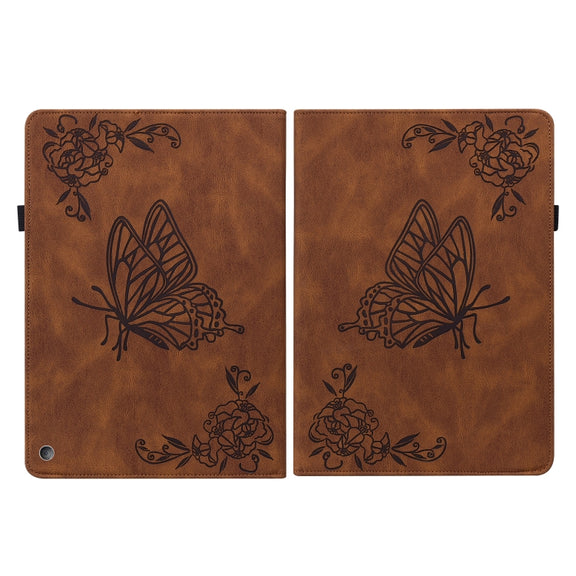 For Amazon Kindle Fire HD 10 2021 / 10 Plus 2021 Butterfly Flower Embossed Leather Tablet Case(Brown)