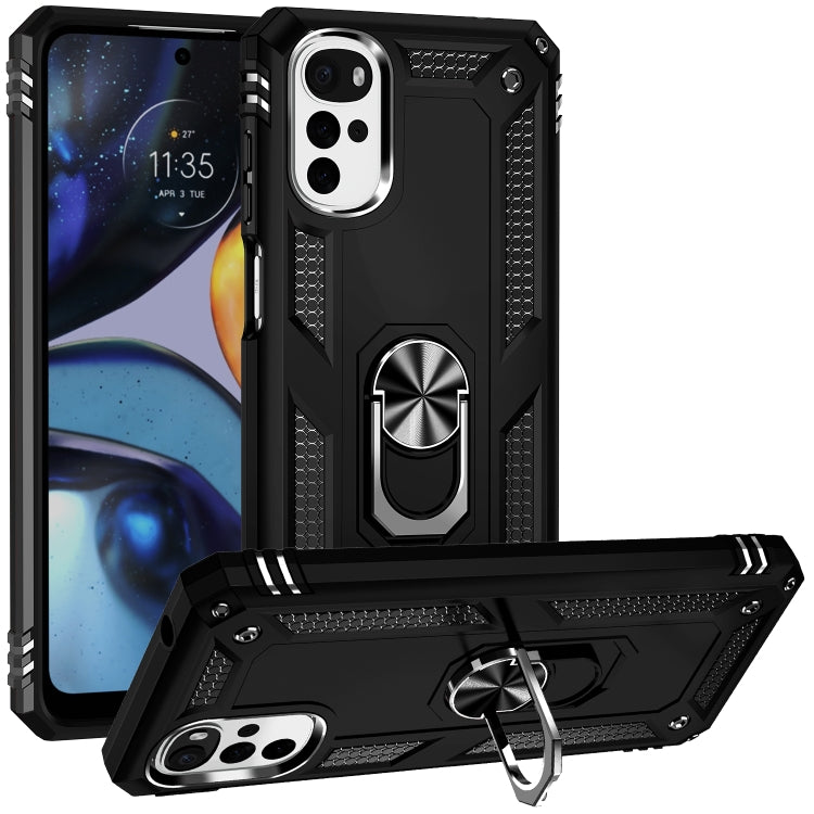 For Motorola Moto G22 Shockproof TPU + PC Holder Phone Case(Black)