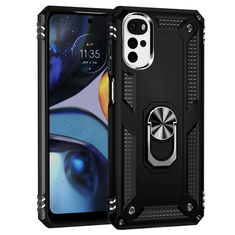 For Motorola Moto G22 Shockproof TPU + PC Holder Phone Case(Black)