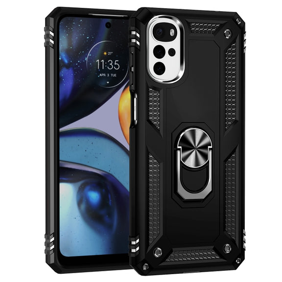 For Motorola Moto G22 Shockproof TPU + PC Holder Phone Case(Black)