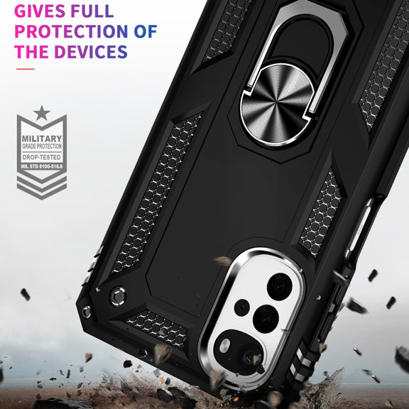 For Motorola Moto G22 Shockproof TPU + PC Holder Phone Case(Black)