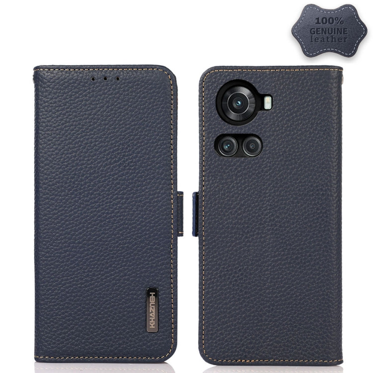 For OnePlus 10R / Ace KHAZNEH Side-Magnetic Litchi Genuine Leather RFID Phone Case(Blue)
