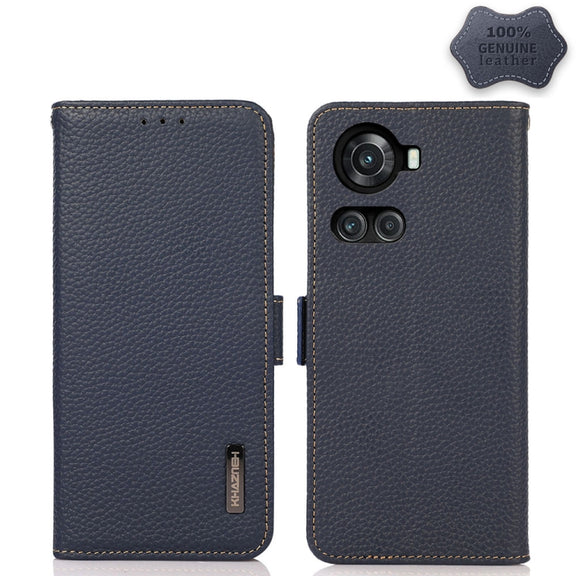 For OnePlus 10R / Ace KHAZNEH Side-Magnetic Litchi Genuine Leather RFID Phone Case(Blue)