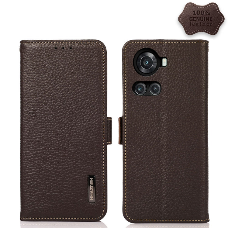 For OnePlus 10R / Ace KHAZNEH Side-Magnetic Litchi Genuine Leather RFID Phone Case(Brown)
