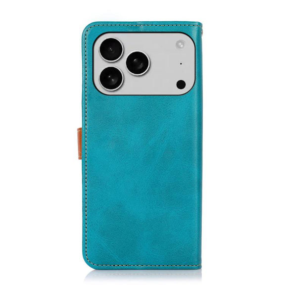 For iPhone 17 Pro KHAZNEH Dual-color Cowhide Texture Flip Leather Phone Case(Blue)