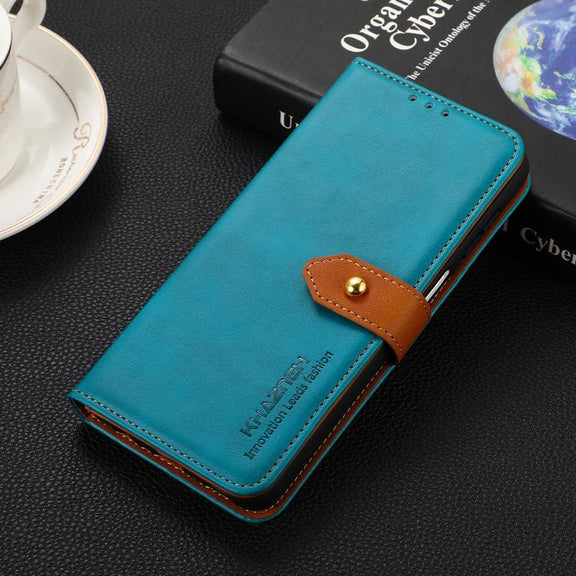 For iPhone 17 KHAZNEH Dual-color Cowhide Texture Flip Leather Phone Case(Blue)