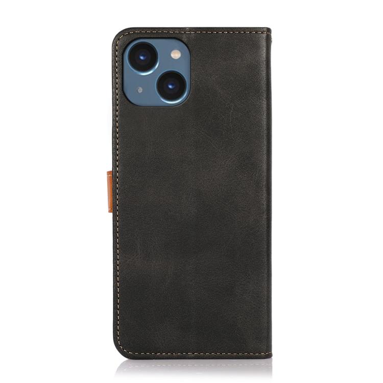 For iPhone 15 Plus KHAZNEH Dual-color Cowhide Texture Flip Leather Phone Case(Black)