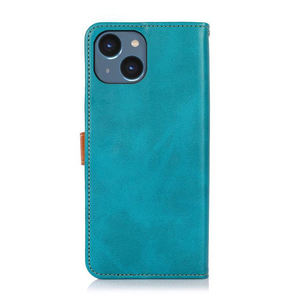 For iPhone 15 KHAZNEH Dual-color Cowhide Texture Flip Leather Phone Case(Blue)