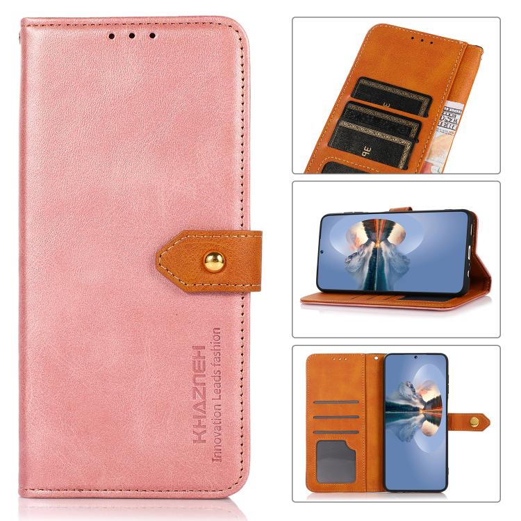 For iPhone 15 KHAZNEH Dual-color Cowhide Texture Flip Leather Phone Case(Rose Gold)