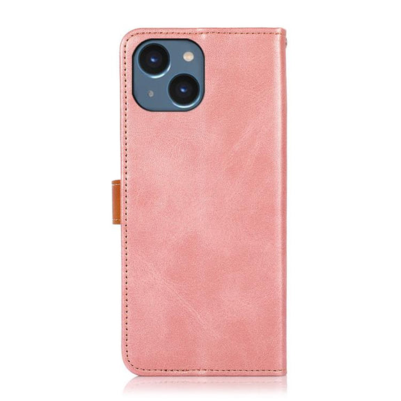 For iPhone 15 KHAZNEH Dual-color Cowhide Texture Flip Leather Phone Case(Rose Gold)