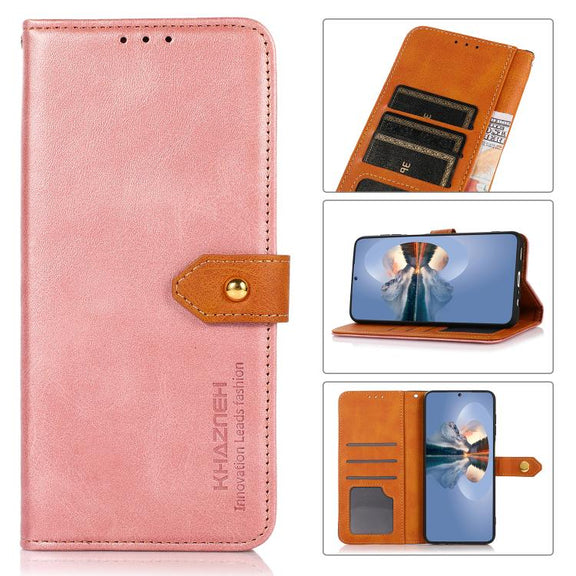 For iPhone 15 KHAZNEH Dual-color Cowhide Texture Flip Leather Phone Case(Rose Gold)