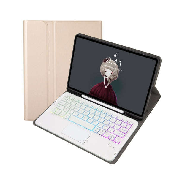 A07B-AS Lambskin Pen Slot Touch Pad Backlight Bluetooth Keyboard Leather Tablet Case For iPad 9.7 2018&2017 / Pro 9.7 / Air 2(Gold)