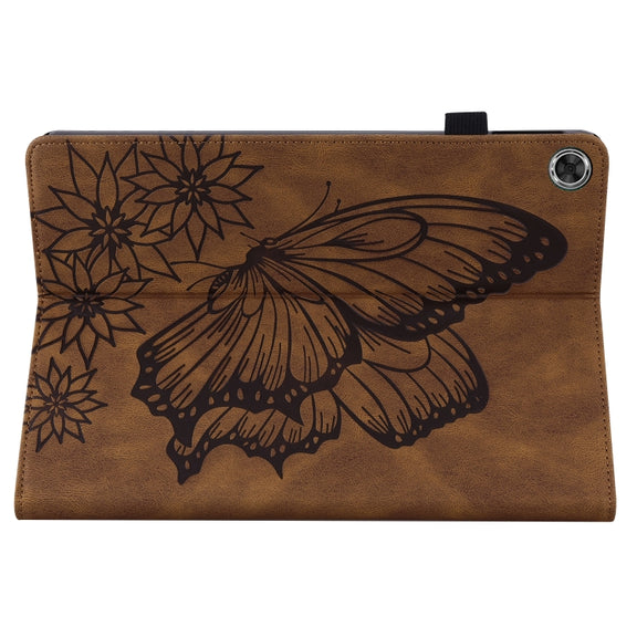 For Lenovo M10 Plus X606F Big Butterfly Embossed Leather Tablet Case(Brown)