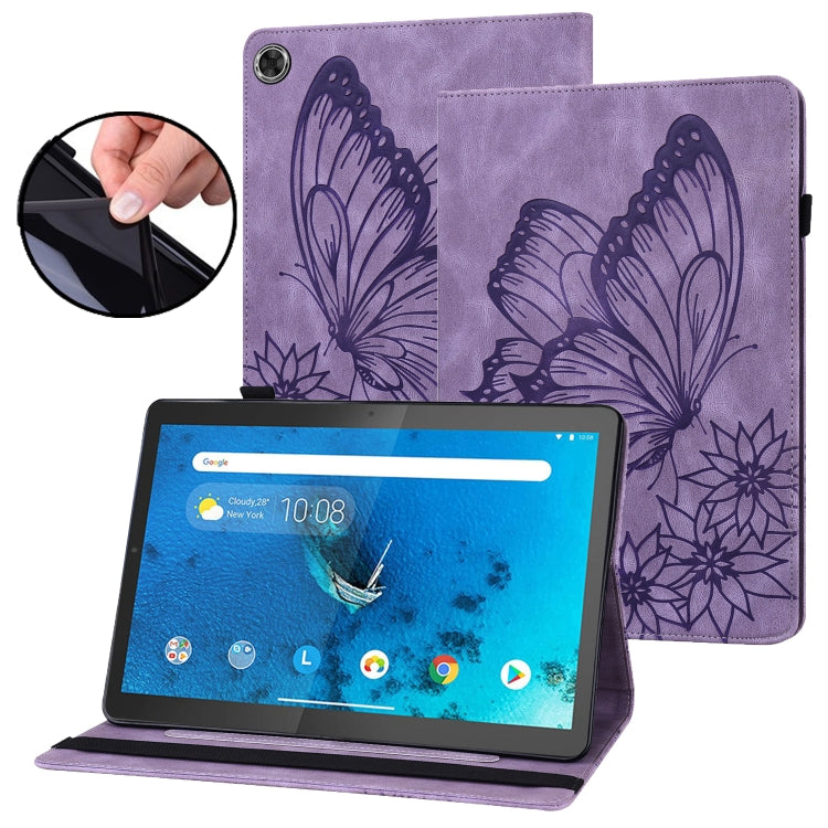 For Lenovo Tab M10 HD 2nd Gen Big Butterfly Embossed Leather Tablet Case(Purple)