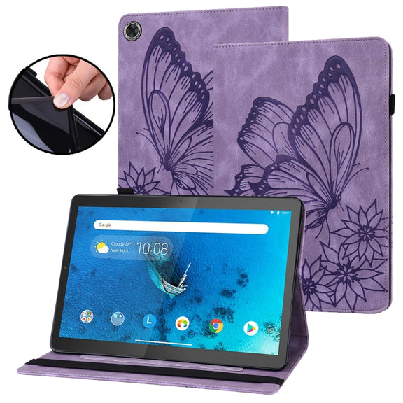 For Lenovo Tab M10 HD 2nd Gen Big Butterfly Embossed Leather Tablet Case(Purple)