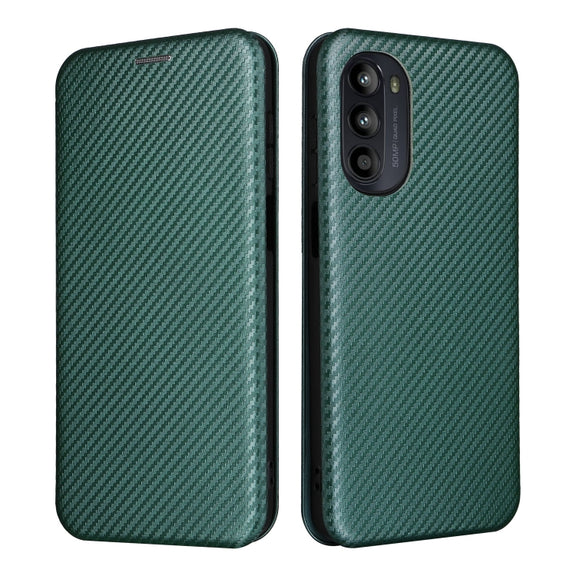 For Motorola Moto G52/G82 Carbon Fiber Texture Horizontal Flip Leather Phone Case(Green)