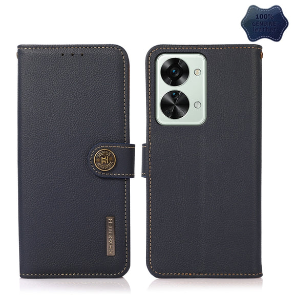 For OnePlus Nord 2T 5G KHAZNEH Custer Texture RFID Genuine Leather Phone Case(Blue)