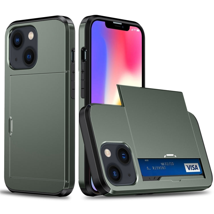 For iPhone 14 Plus Shockproof Armor Protective Phone Case with Slide Card Slot  (Army Green)