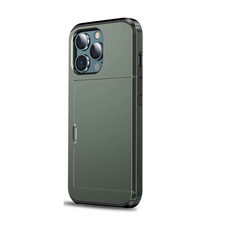For iPhone 14 Plus Shockproof Armor Protective Phone Case with Slide Card Slot  (Army Green)
