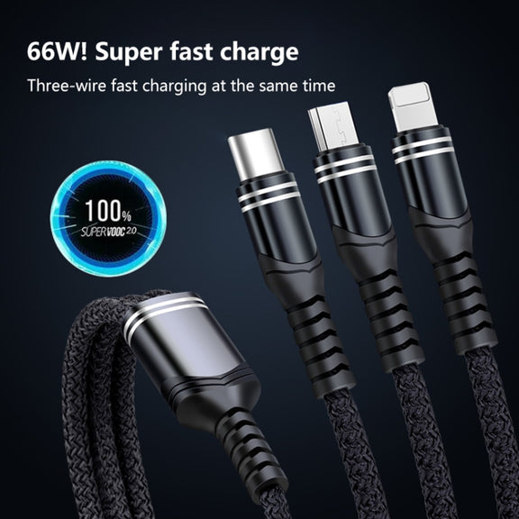 6A 66W 3 in 1 USB to 8 Pin + Micro USB + USB-C / Type-CFast Charging Braided Data Cable(Black)