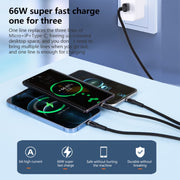 6A 66W 3 in 1 USB to 8 Pin + Micro USB + USB-C / Type-CFast Charging Braided Data Cable(Red)
