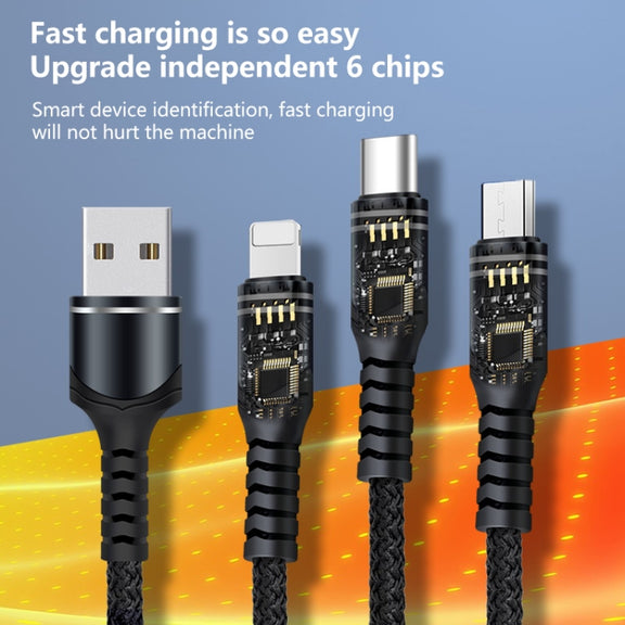 6A 66W 3 in 1 USB to 8 Pin + Micro USB + USB-C / Type-CFast Charging Braided Data Cable(Black)