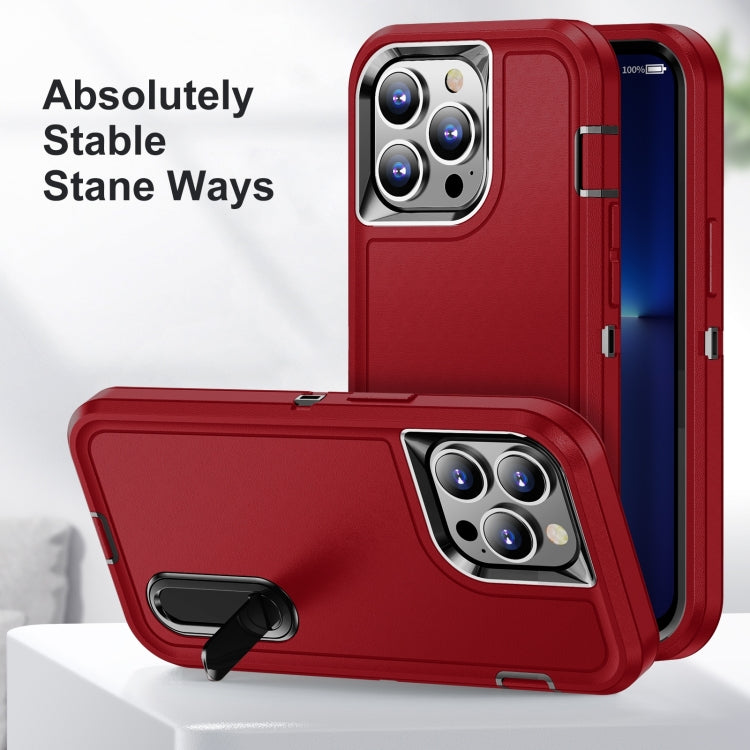 For iPhone 14 Pro Max 3 in 1 Rugged Holder Phone Case (Red + Black)